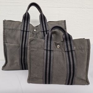 Hermes Canvas Fourre Tout Holdall MM and GM Tote Bag Set in Gray and Black